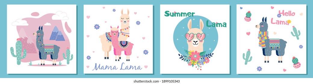 Cute cartoon lama set with cactus rainbow Summer Lama vector design on white