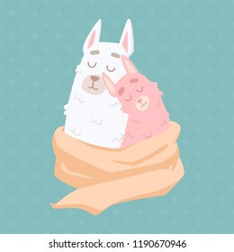 cute cartoon lamas alpacas in love sharing one scarf for two. hand drawn trendy vector illustration. t-shirt, card, sticker or bag design.