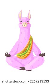 Cute cartoon lamas alpacas meditating in lotus yoga pose vector illustration isolated on white background. Meditation, mindfulness and stress relief concept