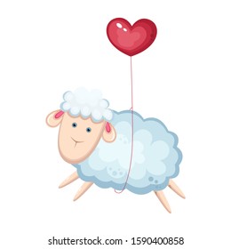Cute cartoon lamb is flying on a red air balloon.
