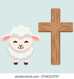 Cute cartoon lamb standing next to a wooden cross on a light blue background