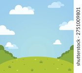 Cute cartoon landscape background featuring blue sky, fluffy clouds, green hills, and simple nature elements. Perfect for kids design, storybook backgrounds, educational materials, nursery themes, and playful outdoor illustrations.