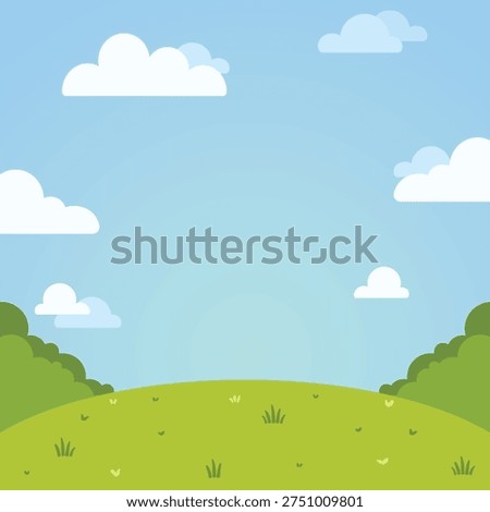 Cute cartoon landscape background featuring blue sky, fluffy clouds, green hills, and simple nature elements. Perfect for kids design, storybook backgrounds, educational materials, nursery themes, and playful outdoor illustrations.