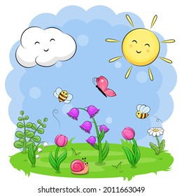 Cute cartoon landscape with flowers, bees, butterfly, snail, sun and cloud. Spring vector illustration.