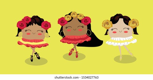 Cute Cartoon Latin American Girl Dancers