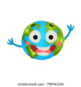 Cute cartoon laughing Earth planet emoji, happy globe face colorful vector Illustration