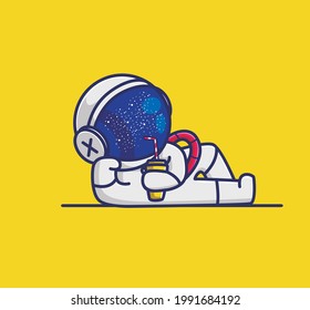 Cute cartoon lazy astronaut lay down and drink a cup of orange juice, enjoy enjoy holidays summer recreation vacation. Cartoon Flat Style Icon illustration Premium Vector Logo