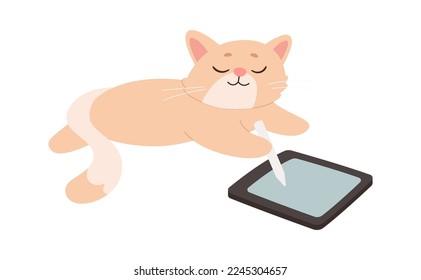 Cute cartoon lazy cat with tablet flat icon Electric gadget. Vector illustration