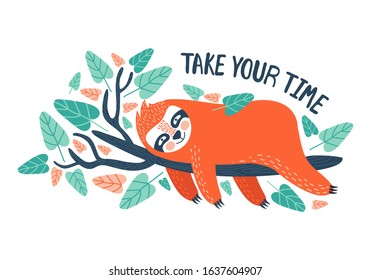 Cute cartoon  lazy sloth with lettering vector graphic design. Adorable hand drawn baby sloth character hanging on the tree. Illustration for t-shirt design, poster, greeting, birthday card, sticker