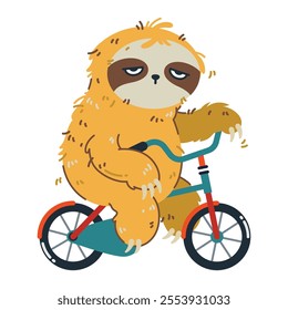 A cute cartoon lazy sloth is riding a bicycle. Flat art vector design is perfect for creative projects, isolated on a white background.