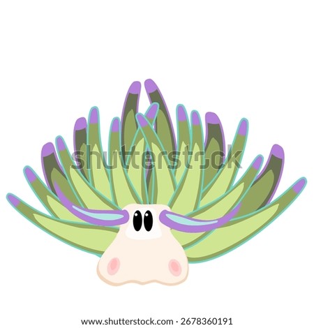 Cute cartoon leaf sheep sea slug with leafy green body, kawaii ocean animal illustration for kids and fantasy design