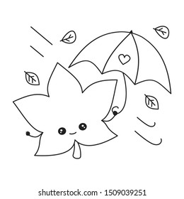 cute cartoon leaf with umbrella in a fall autumn day funny vector black and white illustration for coloring art