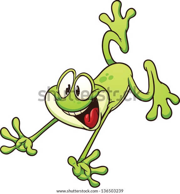 かわいいマンガの飛び跳ねる蛙 簡単なグラデーションを持つベクタークリップアートイラスト 1つのレイヤーにすべてを配置 のベクター画像素材 ロイヤリティフリー