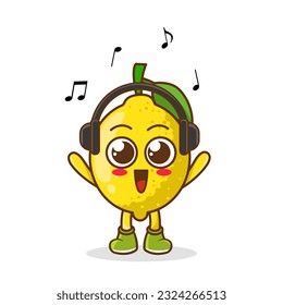 Cute cartoon lemon character listening to music and enjoy. Vector character illustration icon isolated on white. lemon Fruit cartoon mascot character Listening music on a headset