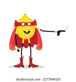 Cute cartoon lemon fruit, superhero character, flat vector food power. Lemon fruit in super hero red cape costume and mask, kids organic natural food and vitamins superpower