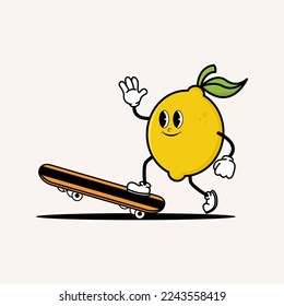 Cute cartoon lemon mascot character playing skateboard. Mascot vintage fruit illustration concept