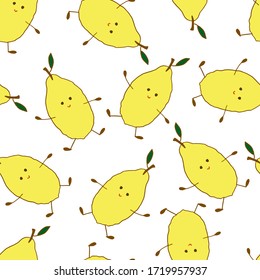 Cute cartoon lemons on a white background. Seamless pattern with fruit. Vector image. Print for children's textiles, wrapping paper, notebook covers, postcards.