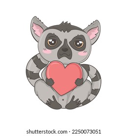 Cute cartoon lemur hugging a big heart