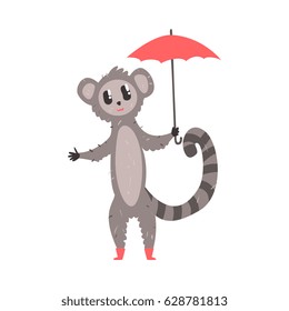 Cute cartoon lemur with red umbrella. African animal colorful character vector Illustration