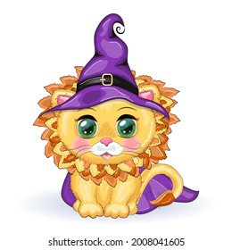 Cute cartoon leo with beautiful eyes, orange in a purple witch's hat and cloak. Halloween 2022.