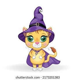 Cute cartoon leo with beautiful eyes, orange in a purple witch's hat and cloak, Halloween
