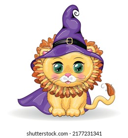 Cute cartoon leo with beautiful eyes, orange in a purple witch's hat and cloak