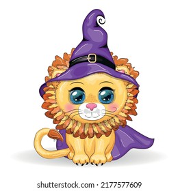 Cute cartoon leo with beautiful eyes, orange in a purple witch's hat and cloak