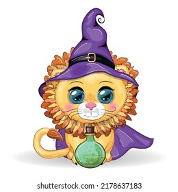 Cute cartoon leo with beautiful eyes, orange in a purple witch's hat and cloak