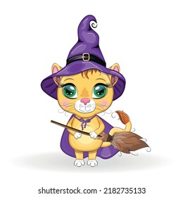 Cute cartoon leo with beautiful eyes, orange in a purple witch's hat and cloak, Halloween
