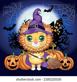 Cute cartoon leo with beautiful eyes, orange in a purple witch's hat and cloak, Halloween