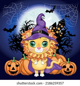 Cute cartoon leo with beautiful eyes, orange in a purple witch's hat and cloak, Halloween