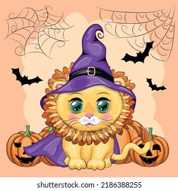 Cute cartoon leo with beautiful eyes, orange in a purple witch's hat and cloak