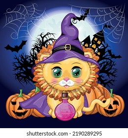 Cute cartoon leo with beautiful eyes, orange in a purple witch's hat and cloak