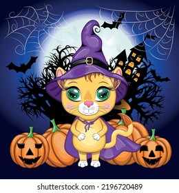 Cute cartoon leo with beautiful eyes, orange in a purple witch's hat and cloak, Halloween