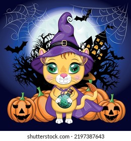 Cute cartoon leo with beautiful eyes, orange in a purple witch's hat and cloak, Halloween