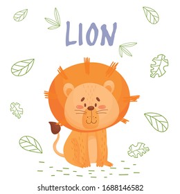 Cute cartoon leon in jungle on a white backgrount. Element for print, postcard and decor. Vector illustration 