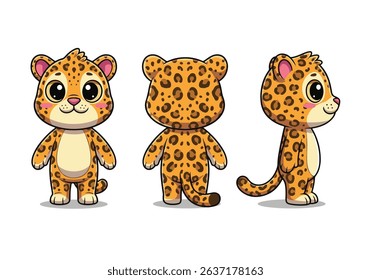 Cute Cartoon Leopard Character Set - Front, Back, and Side View for Animation and Mascot. Vector illustraton