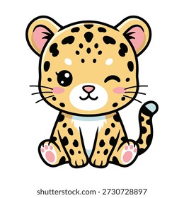 Lindo cachorro de leopardo de dibujos animados con pañal azul sentado y mirando hacia abajo animal