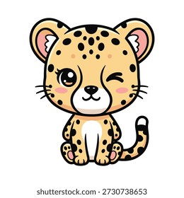 Lindo cachorro de leopardo de dibujos animados con piel manchada y acentos rosados sentado y sonriendo