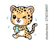 Cute cartoon leopard cub with water droplets and a green bucket animal spotted
