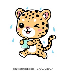 Lindo cachorro de leopardo de dibujos animados con gotas de agua y un animal de cubo verde manchado