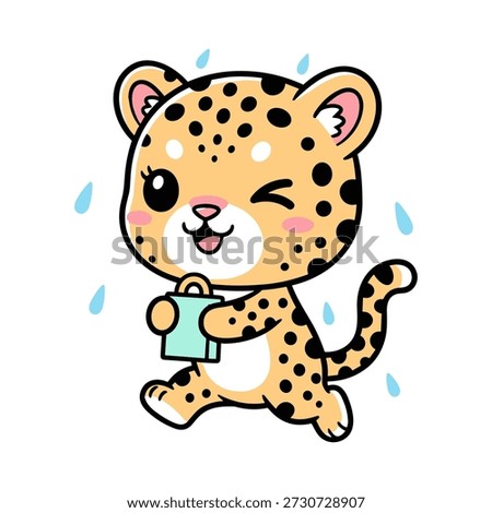 Cute cartoon leopard cub with water droplets and a green bucket animal spotted
