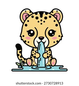 Cute cartoon leopard cub with yellow spots and pink cheeks drinking water from a stream with paws in the water