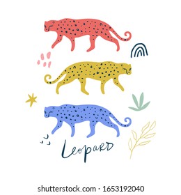 Cute Cartoon Leopard Flat Style Hand Drawn Nursery Clipart. Cheetah Or Jaguar Character. Jungle Forest, Savannah Animal. African Little Predator. Zoo, Safari Concept. Good For Travel Postcard, Kids