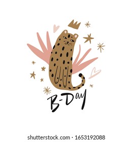 Cute cartoon leopard flat style hand drawn nursery clipart. Little princess Bday. Jungle forest, savannah animal. African predator. Zoo, safari concept. Good for travel postcard, baby shower party