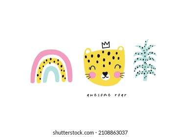 Cute cartoon leopard. Hand drawn vector summer print with leopard, abstract elements and leaf