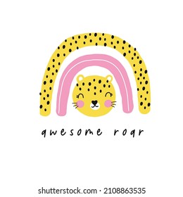 Cute cartoon leopard. Hand drawn vector summer print with leopard face and rainbow. 
