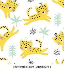 Cute cartoon leopard. Hand drawn vector summer print with leopard, abstract elements and leaf seamless pattern