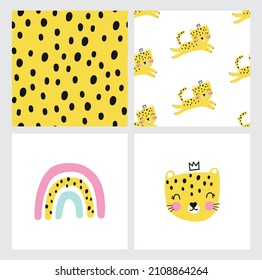 Cute cartoon leopard. Hand drawn vector summer print with leopard, abstract elements and leaf seamless pattern