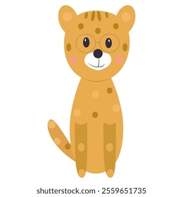 Cute cartoon leopard sits happily with oversized glasses.